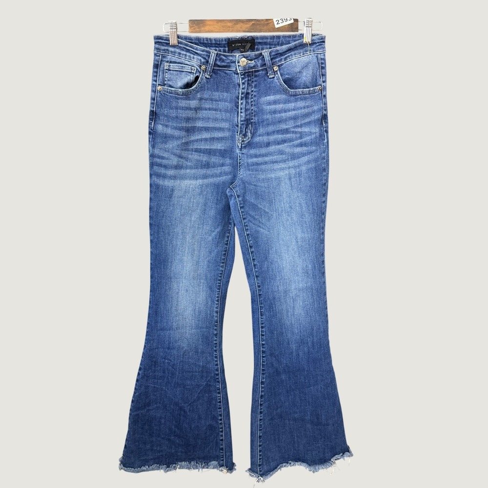Risen Jeans Flare Jeans Womens 9/29 Blue High Rise Raw Hem RDP1042